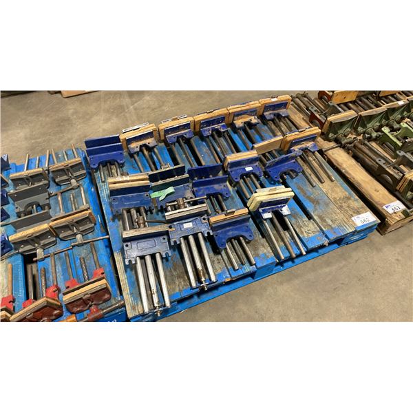 PALLET OF ASSORTED LARGE HEAVY DUTY UNDER TABLE MOUNTED INDUSTRIAL VISE *MUST TAKE ALL*