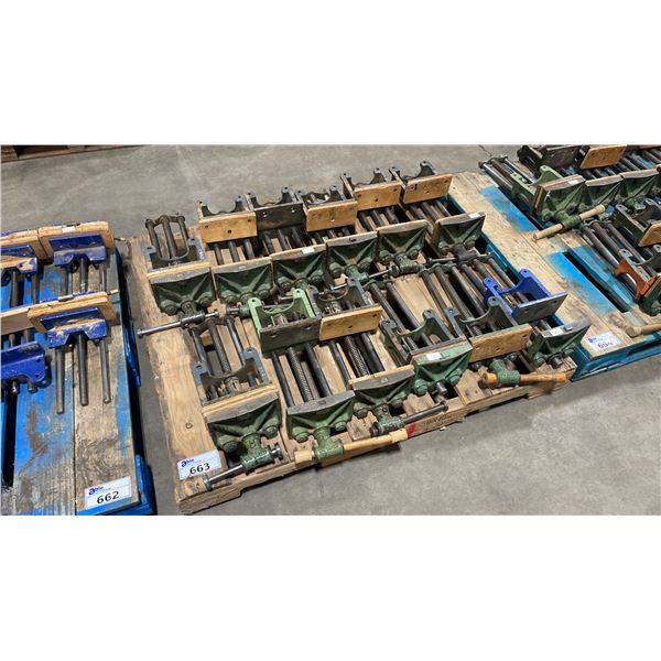 PALLET OF ASSORTED LARGE HEAVY DUTY UNDER TABLE MOUNTED INDUSTRIAL VISE *MUST TAKE ALL*