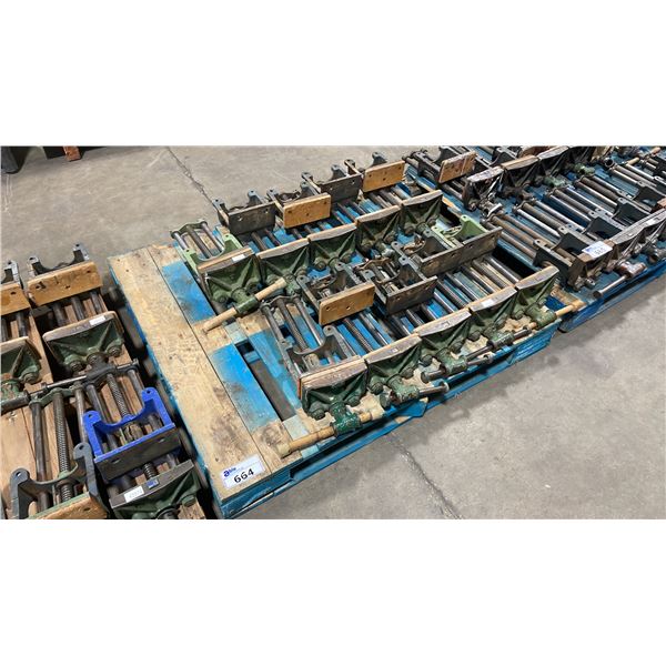 PALLET OF ASSORTED LARGE HEAVY DUTY UNDER TABLE MOUNTED INDUSTRIAL VISE *MUST TAKE ALL*