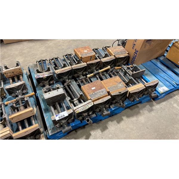 PALLET OF ASSORTED LARGE HEAVY DUTY UNDER TABLE MOUNTED INDUSTRIAL VISE *MUST TAKE ALL*
