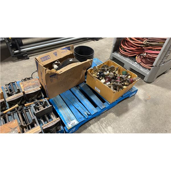 PALLET OF INDUSTRIAL PRESSURE GAUGES, HEAVY DUTY ENGINE PARTS, & GROB BROTHERS ELECTRIC SPOT WELDER