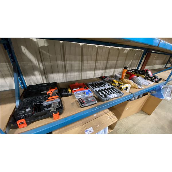 SHELF OF ASSORTED ITEMS- TACKLIFE CORDLESS DRILL WITH SOCKETS, HARDWARE, CAT RATCHET STRAPS, WORK
