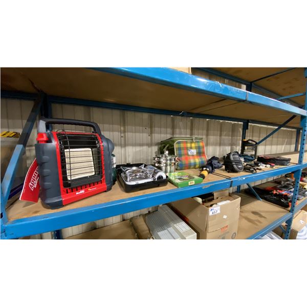 SHELF OF ASSORTED ITEMS- GAS CAMP STOVE, PROPANE PORTABLE HEATER, COOLER BAG, GARDEN HOSE, JUMPER