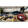 Image 2 : SHELF OF ASSORTED ITEMS- GAS CAMP STOVE, PROPANE PORTABLE HEATER, COOLER BAG, GARDEN HOSE, JUMPER