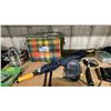 Image 3 : SHELF OF ASSORTED ITEMS- GAS CAMP STOVE, PROPANE PORTABLE HEATER, COOLER BAG, GARDEN HOSE, JUMPER