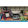 Image 4 : SHELF OF ASSORTED ITEMS- GAS CAMP STOVE, PROPANE PORTABLE HEATER, COOLER BAG, GARDEN HOSE, JUMPER