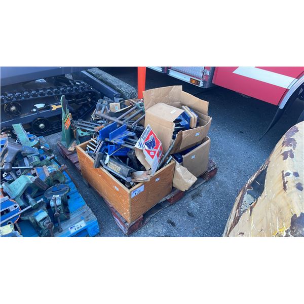 PALLET OF UNDER TABLE MOUNTED INDUSTRIAL VICES & PARTS *MAY NEED REPAIR*