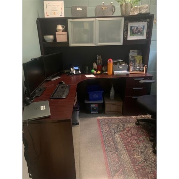 MAHOGANY LAMINATE APPROX 6'X6' CORNER COMPUTER DESK WITH MINOR DOOR DAMAGE, COMPLETELY DISASSEMBLED