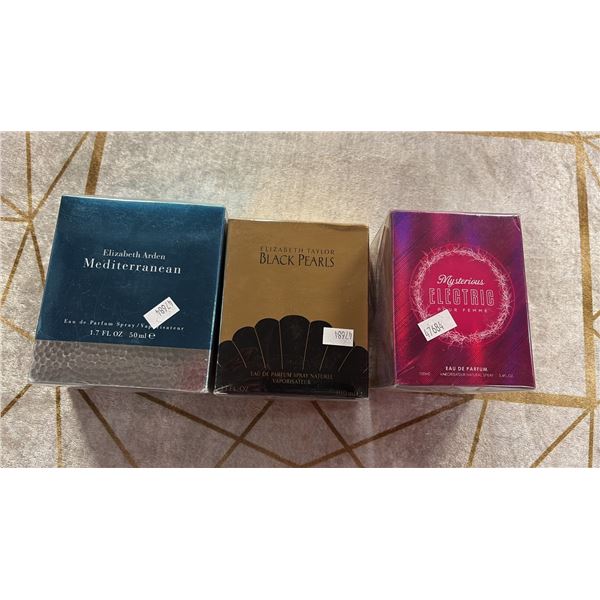 3 BOXES OF LADIES PERFUME INCLUDING ELIZABETH TAYLOR BLACK PEARLS, ELIZABETH ARDEN MEDITERRANEAN &
