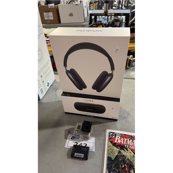 ASSORTED ITEMS INCL AIRPODS MAX, HARMAN KARDON LUNA BLUETOOTH SPEAKER AND GOPRO HERO3