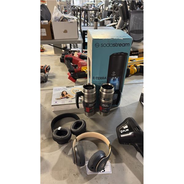 ASSORTED ITEMS INCL BEATS/JBL HEADPHONES, 2 THERMOS MUG, SODASTREAM E-TERRA AUTO-SPARKLING WATER