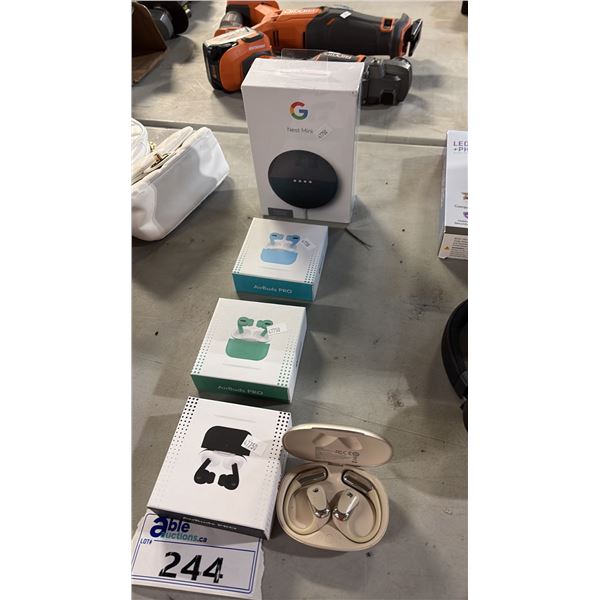 GOOGLE NEST MINI (2ND GENERATION) IN CHARCOAL (MODEL GA00781-CA), 3 AIRBUDS PRO IN DIFFERENT COLOR