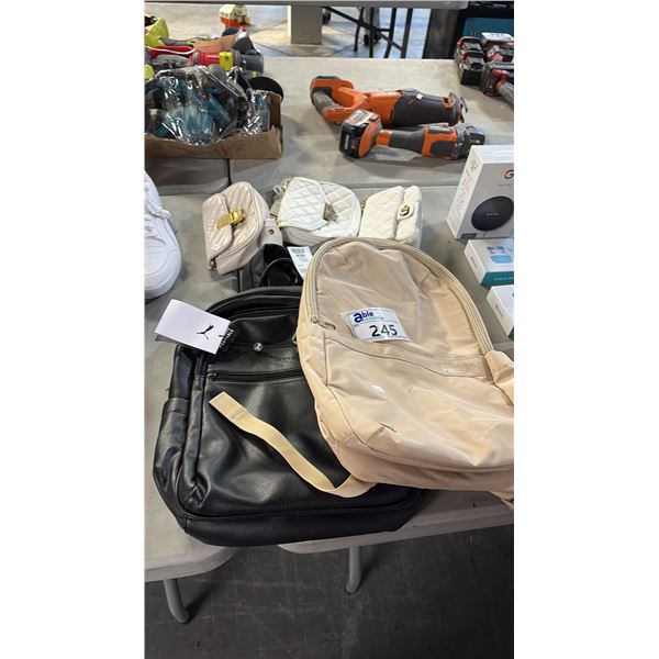 5 MIX BAGS AND PURSES INCL BUGATTI BLACK BACKPACK, BEIGE PUMA BACKPACK AND PURSES