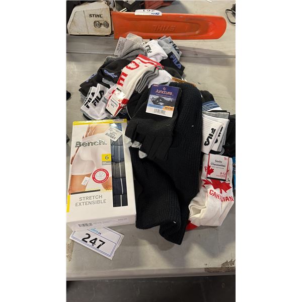 ASSORTED UNDERWEAR INCL BENCH PACK OF 6, MISC FILA SOCKS, BLACK BAKLAVA AND TEXTING GLOVE