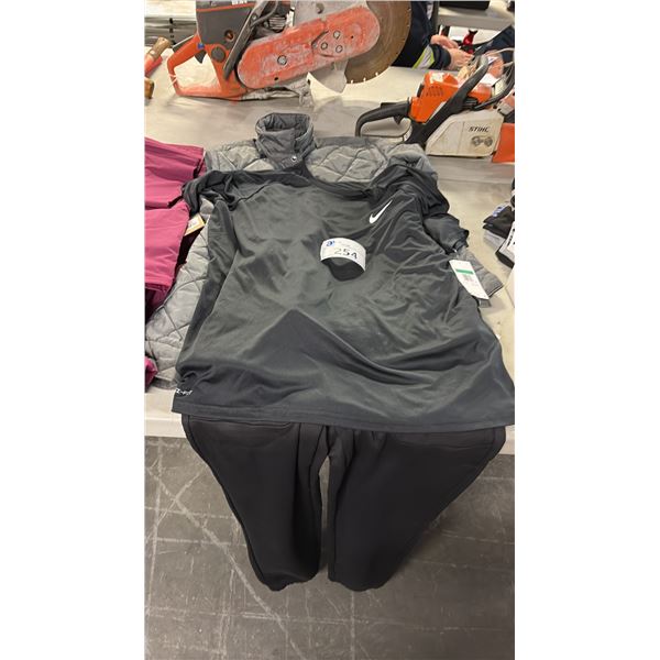 3 ASSORTED APPAREL INCL QUICKSILVER BLACK PANTS, NIKE BLACK T-SHIRT AND VANS MED GREY JACKET