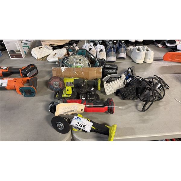 MISCELLANEOUS POWER TOOLS INCL MAKITA CIRCULAR SAW W/ 3 BATTERIES, 2 RYOBI GRINDER W/ 3 BATTERIES,