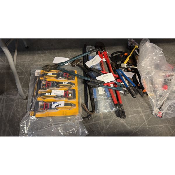 MISCELLANEOUS HAND TOOLS INCL BOLT CUTTERS HAMMERS, AXES, TRUWERX SCALING CHISEL, CAT RATCHET TIES
