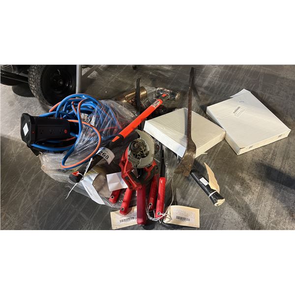 MISCELLANEOUS TOOLS INCL SLEDGE HAMMERS, CROWBARS, BOLT CUTTERS, 3 PRONG STRANDED INDUSTRIAL