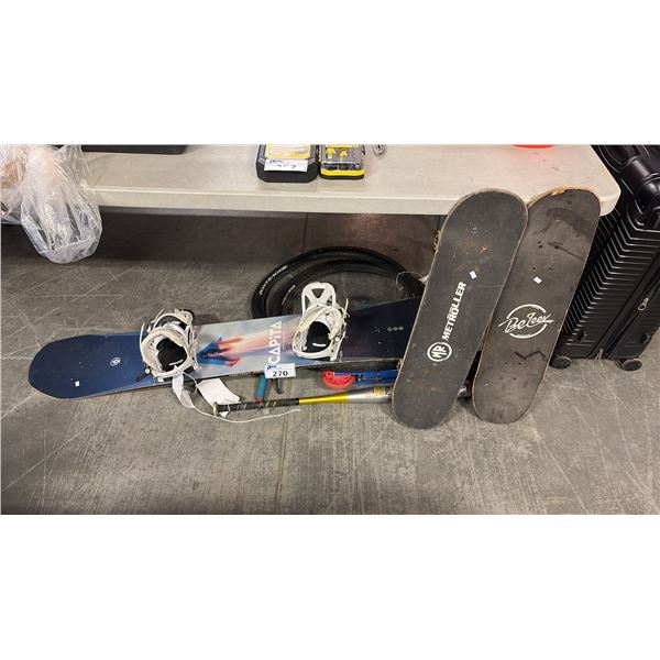 MIXED ITEMS INCL CAPITA SNOWBOARD, 2 SKATEBOARDS, SCOOTER, BASEBALL BAT AND MORE