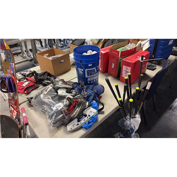 MIXED ITEMS INCL SKATES, ROLLER BLADES, FLEER90 LARRY WALKER ROOKIE CARD, BUCKET OF GOLF BALLS