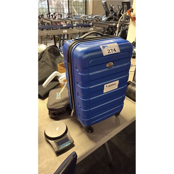 MIXED ITEMS INCL BLUE OUTBOUND HARD SHELL LUGGAGE, BISSEL STICK VACUUM, LIFE STRAW, OASIS 12