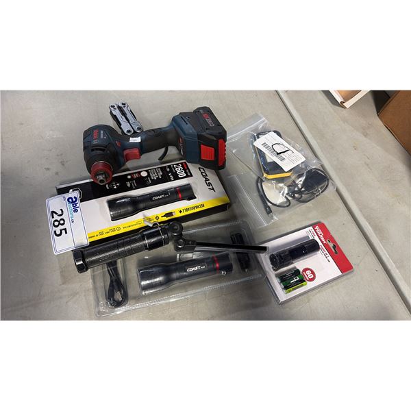 MIXED ITEMS INCL BOSCH GDX18V-1800C, FLASH LIGHTS AND MORE