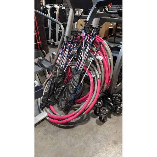ASSORTED FITNESS ACCESSORIES INCL 6 KETTLEBELL, PAIR OF HAND WEIGHTS, 14 HULA HOOPS AND 8 PAIRS OF