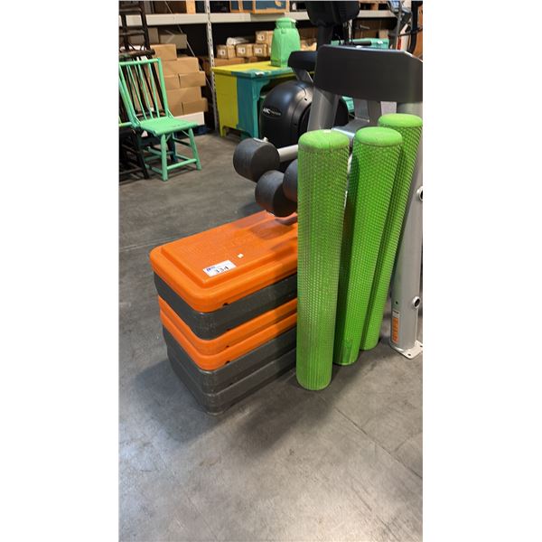 CHAMPION BARBELL REACTOR FITNESS STEPS AND  MD BUDDY EVA FOAM ROLLERS - 3 FT