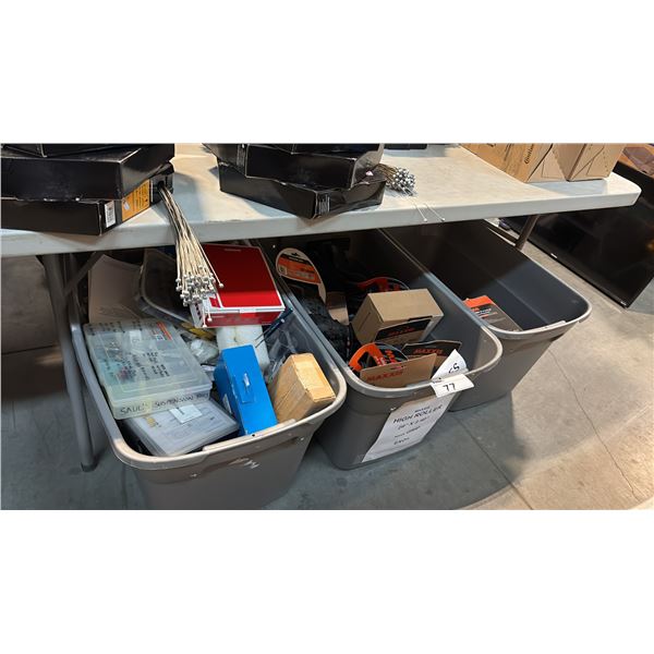 3 BINS OF MIXED ITEMS INCL PARK TOOL TOOLS, SHIMANO, MAXXIS BIKE TIRES AND MORE