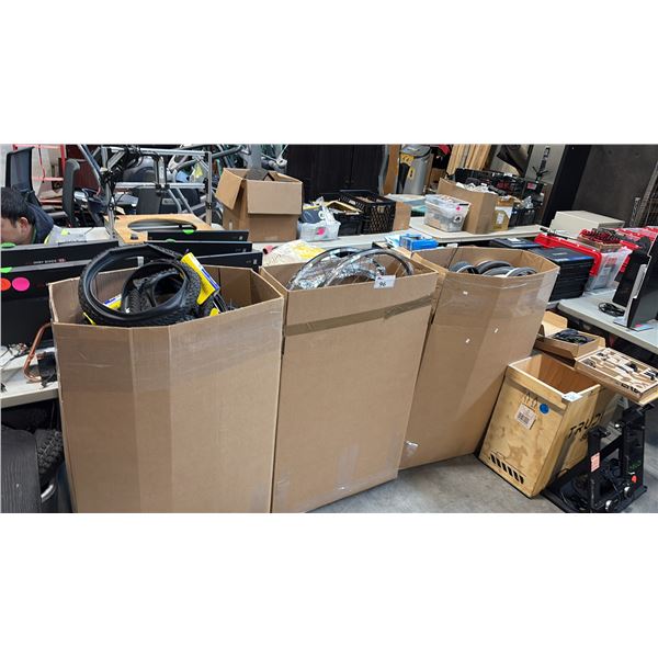3 BINS OF MIXED ITEMS INCL BIKE WHEEL AND MICHELIN BIKE TIRES