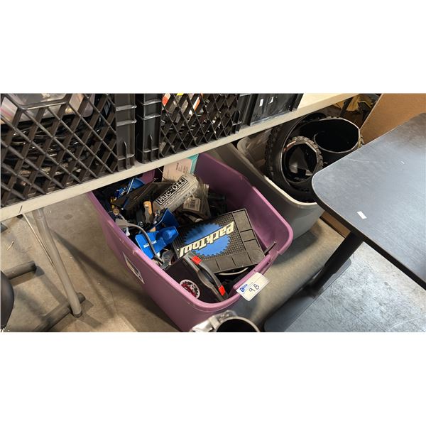 BIN OF MIXED PARK TOOL TOOLS AND  BIN OF MIXED ITEMS INCL TIRES BIKE STAND BIKE PARTS AND MORE