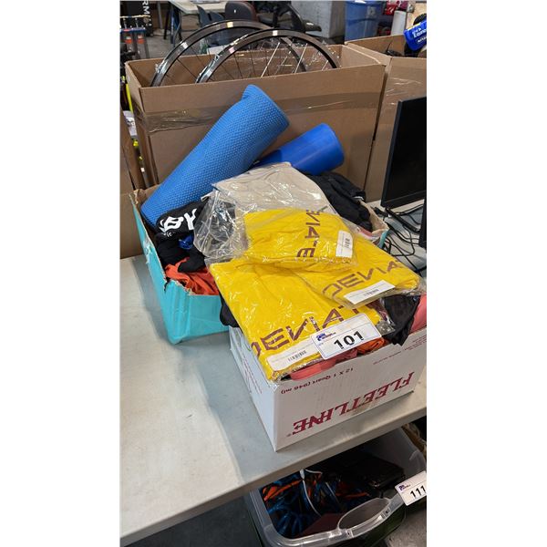 ASSORTED APPAREL, GARDEN HOSE AND FITNESS ROLLERS