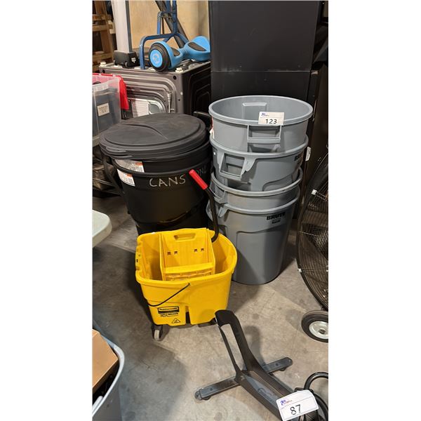6 TRASH CANS AND RUBBERMAID COMMERCIAL WAVEBRAKE MOP BUCKET