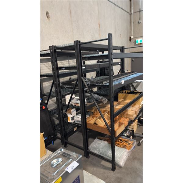 3 MEDIUM-DUTY METAL RACKS W/ CONTENTS AND CLOTHING RACKS - MUST TAKE ALL