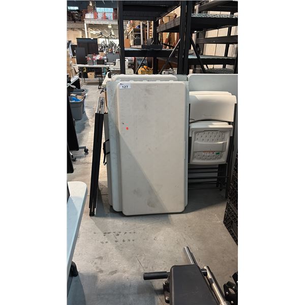 3 8' FT, 3 4' FT, 72" IN WIDTH FOLDING TABLES AND 40"H SANDWICH BOARD