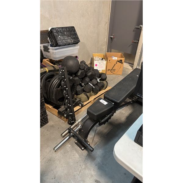 MIXED FITNESS EQUIPMENT INCL ADJUSTABLE INCLINE BENCH, 2 OLYMPIC BARS, PALLET OF WEIGHTS AND MORE