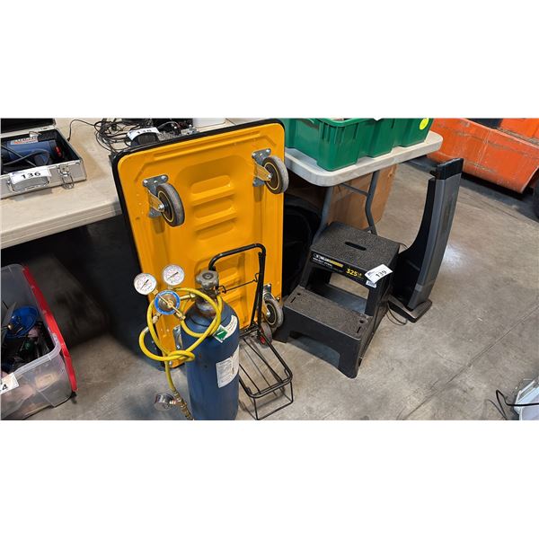 MAXWORKS YELLOW FOLDING PLATFORM TRUCK, GORILLA LADDERS 2-STEP PLASTIC STOOL, CYLINDER TANK AND