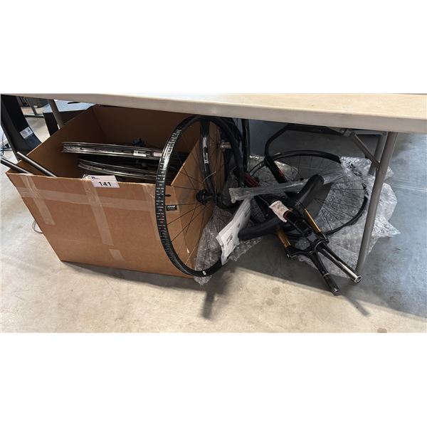 7 BIKE WHEELS INCL HANDLAIDINCANADA C. HOLMAN SIGNED AND 2 BIKE FORKS