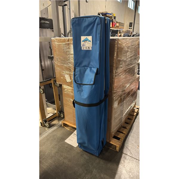 WHITE ULINE INSTANT CANOPY 10' X 10' FT C/W BLUE ROLLING STORAGE, KEG AND PORTABLE AIR CONDITIONING