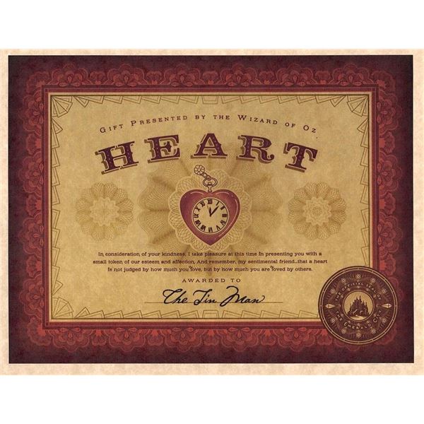 The Wizard of Oz Heart Certificate to the Tin Man movie prop print