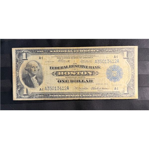 1918 $1 FEDERAL RESERVE BANK NOTE ISSUED FOR THE BOSTON, MASSACHUSETTS DISTRICT