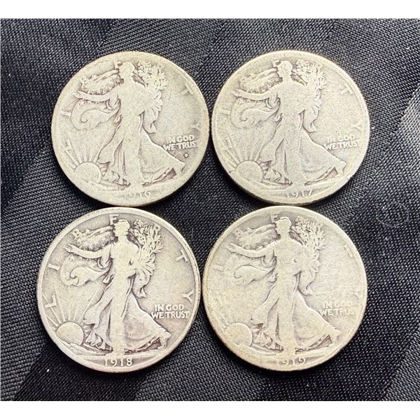 WALKING LIBERTY SILVER HALF DOLLARS - 1916D, 1917, 1918, AND 1919