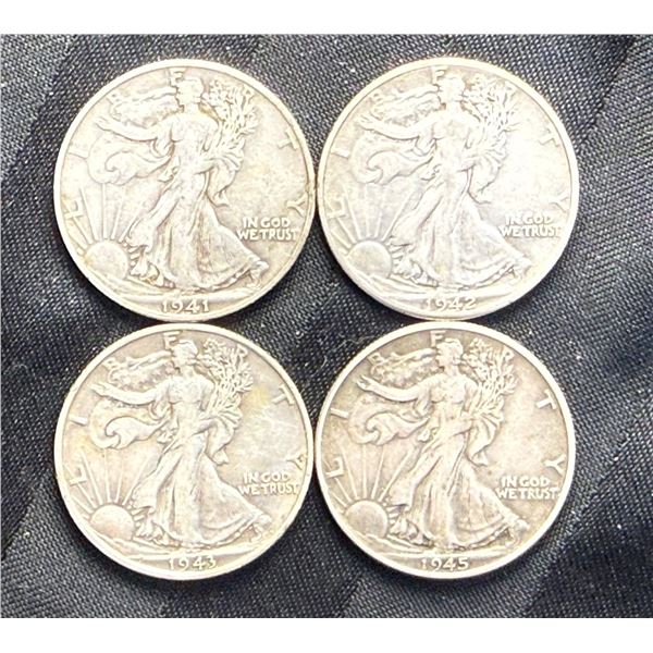 WALKING LIBERTY SILVER HALF DOLLARS - 1941D,1942,1943,AND1945