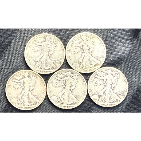 WALKING LIBERTY SILVER HALF DOLLARS - 1935D,1936D,1937S,1938,AND1939