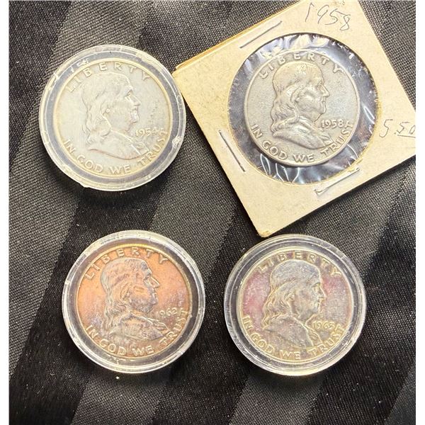 FRANKLIN SILVER HALF DOLLARS - 1954D,1958D,1962D,AND 1963D
