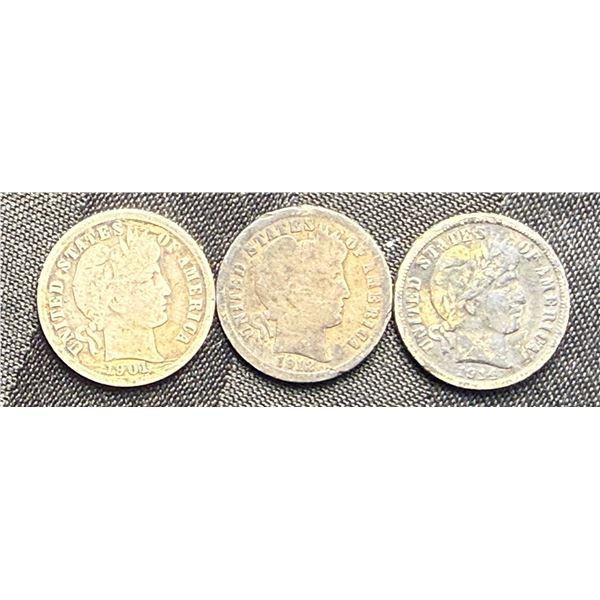 BARBER SILVER DIMES - 1901, 1912D, AND 1914D