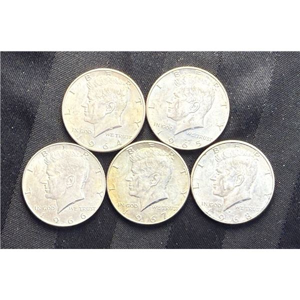 KENNEDY HALF DOLLARS - 1964D, 1965, 1966, 1967, AND 1968