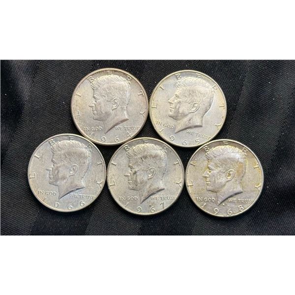 KENNEDY HALF DOLLARS - 1964, 1965, 1966, 1967, AND 1968D