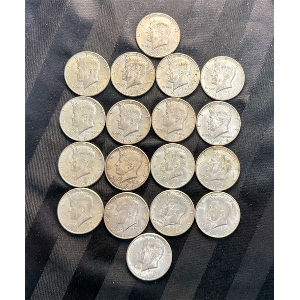 KENNEDY HALF DOLLARS - 1964; LOT OF 18