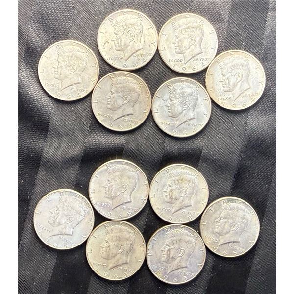 KENNEDY HALF DOLLARS - SIX 1964 AND SIX 1965; LOT OF 12